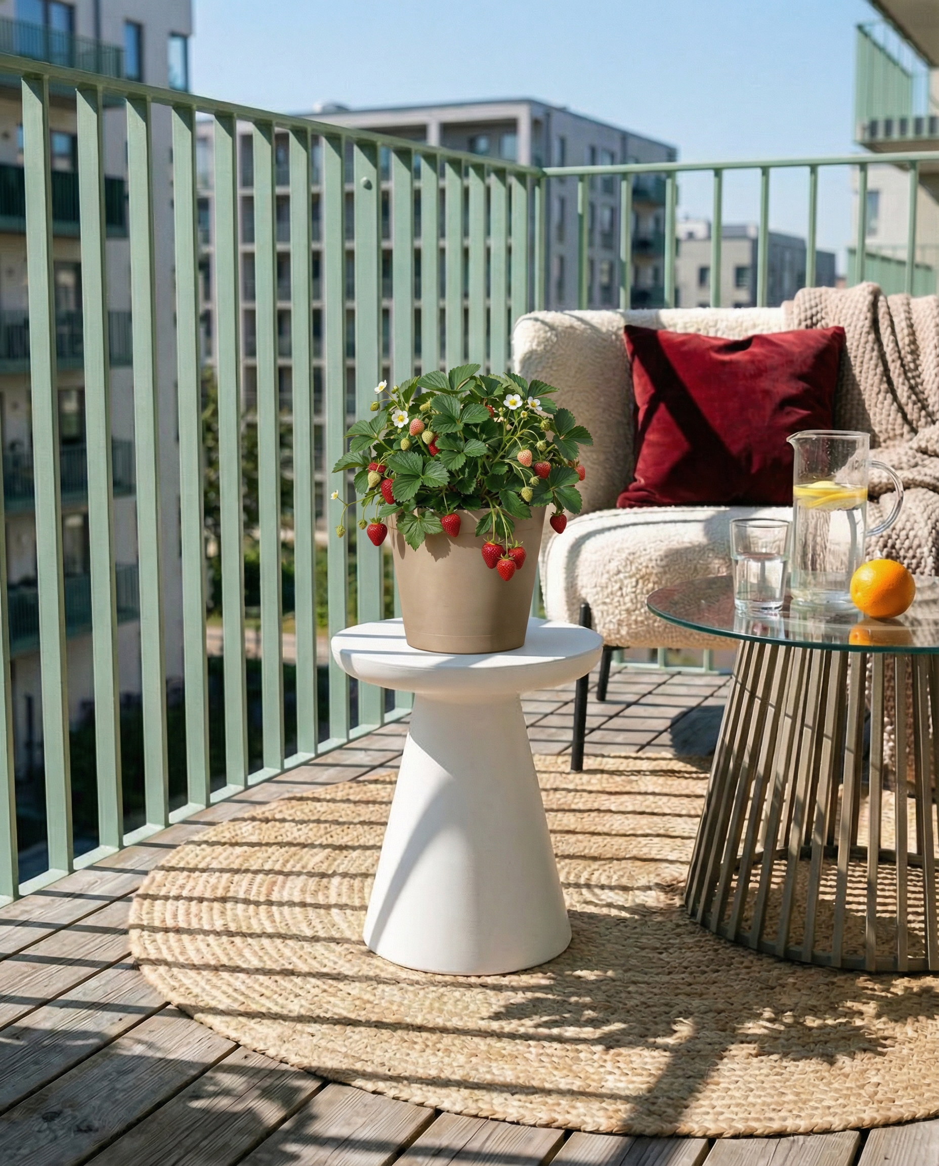 Ein kleiner Balkon mit einer getopften Erdbeere (Wurzelstock) auf einem weißen Tisch, ein runder Glastisch mit Getränken und Obst, ein Webteppich und ein gepolsterter Stuhl mit roten Kissen. Im Hintergrund sind moderne Wohnhäuser zu sehen.