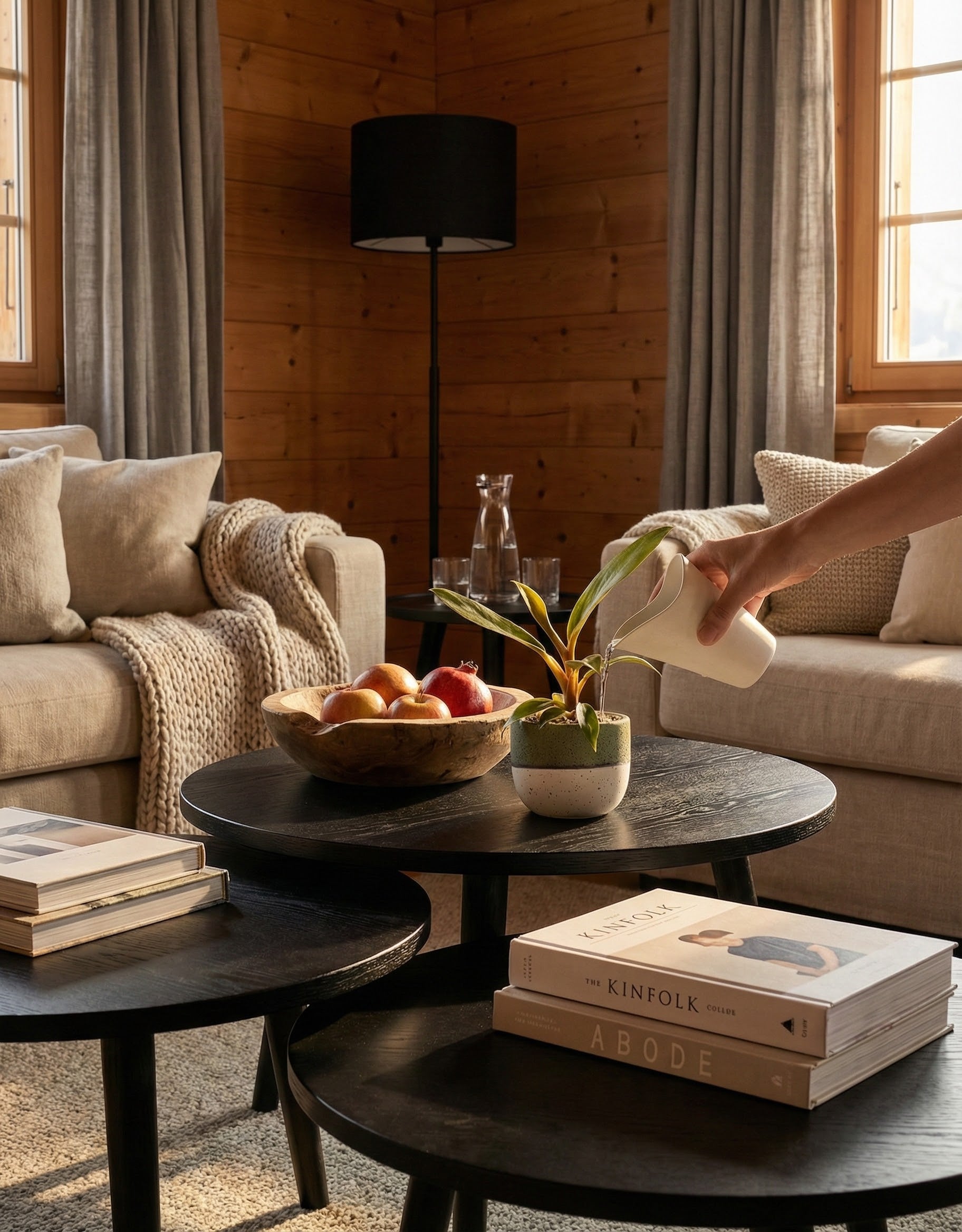 Ein gemütliches Wohnzimmer mit Holzwänden, beigen Sofas und einem schwarzen, runden Couchtisch mit Büchern, Obst und Babypflanzen, die mit dem Giessbecher für Babypflanzen von Hand gegossen werden, während das Sonnenlicht durch die grau getönten Fenster fällt.