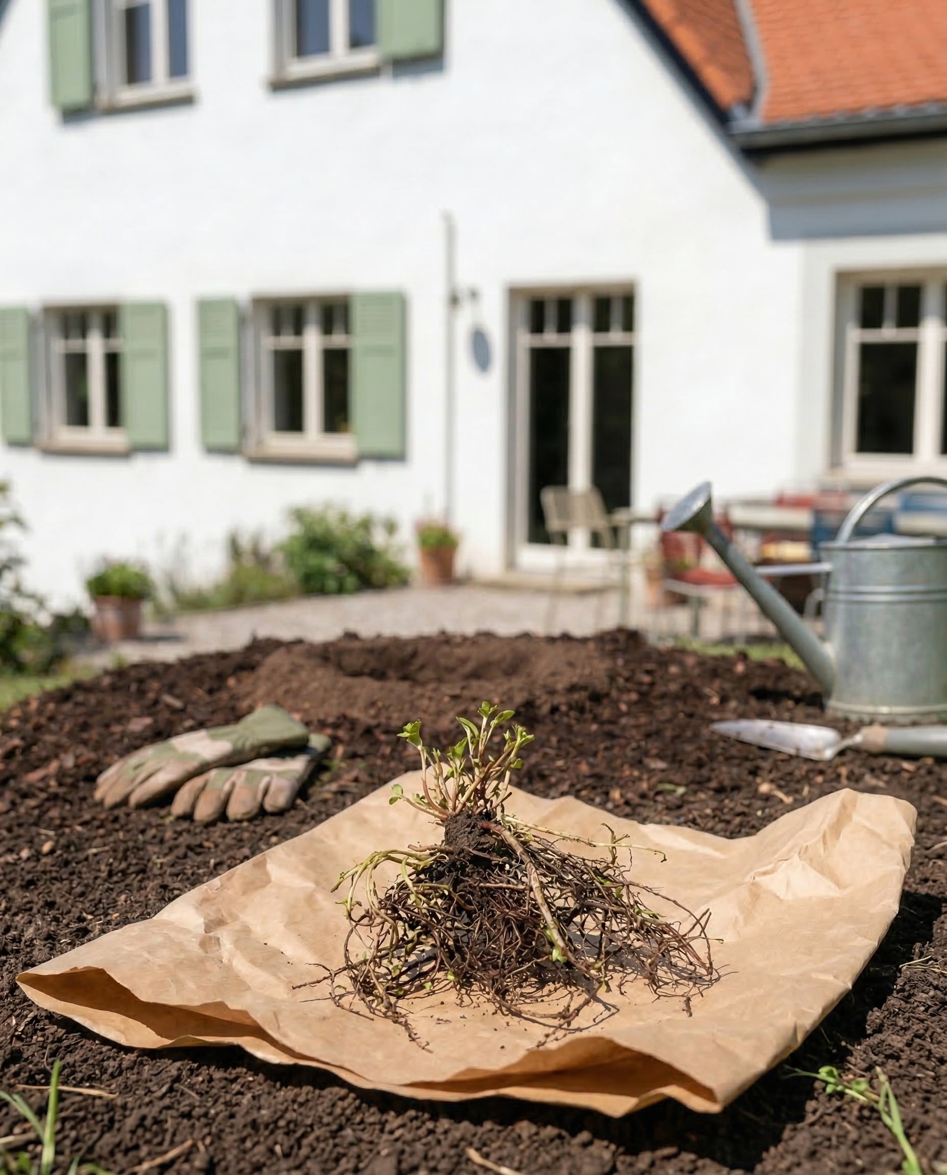 Ein frisch ausgegrabener Gelber Sonnenhut (Wurzelstock) mit freiliegenden Wurzeln ruht auf braunem Papier im Garten; in der Nähe befinden sich ein Handschuh, eine Gießkanne und ein weißes Haus mit grünen Fensterläden im Hintergrund.