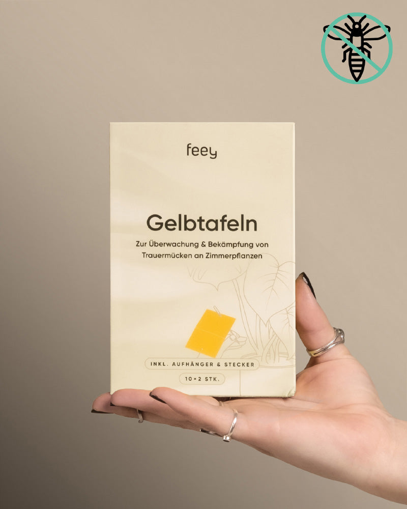 Eine Hand mit Ringen hält eine Schachtel mit der Aufschrift „Gelbtafeln“ von feey, die zur Schädlingsbekämpfung und Bekämpfung von Trauermücken bei Zimmerpflanzen eingesetzt wird. Oben rechts ist auf beigem Hintergrund ein durchgestrichenes Insektensymbol zu sehen.