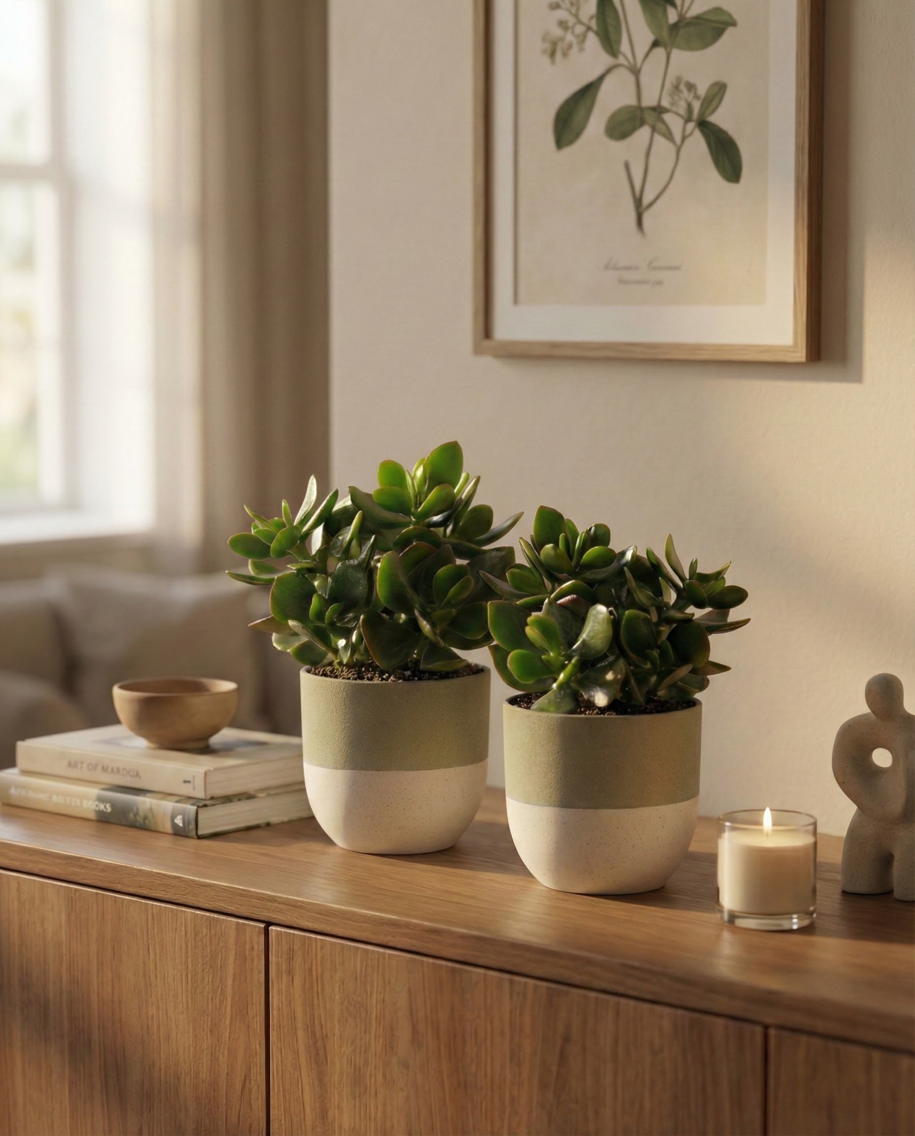 Zwei getopfte Geldbaum-Duos (Crassula ovata) stehen auf einem hölzernen Sideboard neben einer kleinen Kerze, dekorativen Objekten und gestapelten Büchern. Das einfallende Sonnenlicht hebt das botanische Bild darüber hervor.