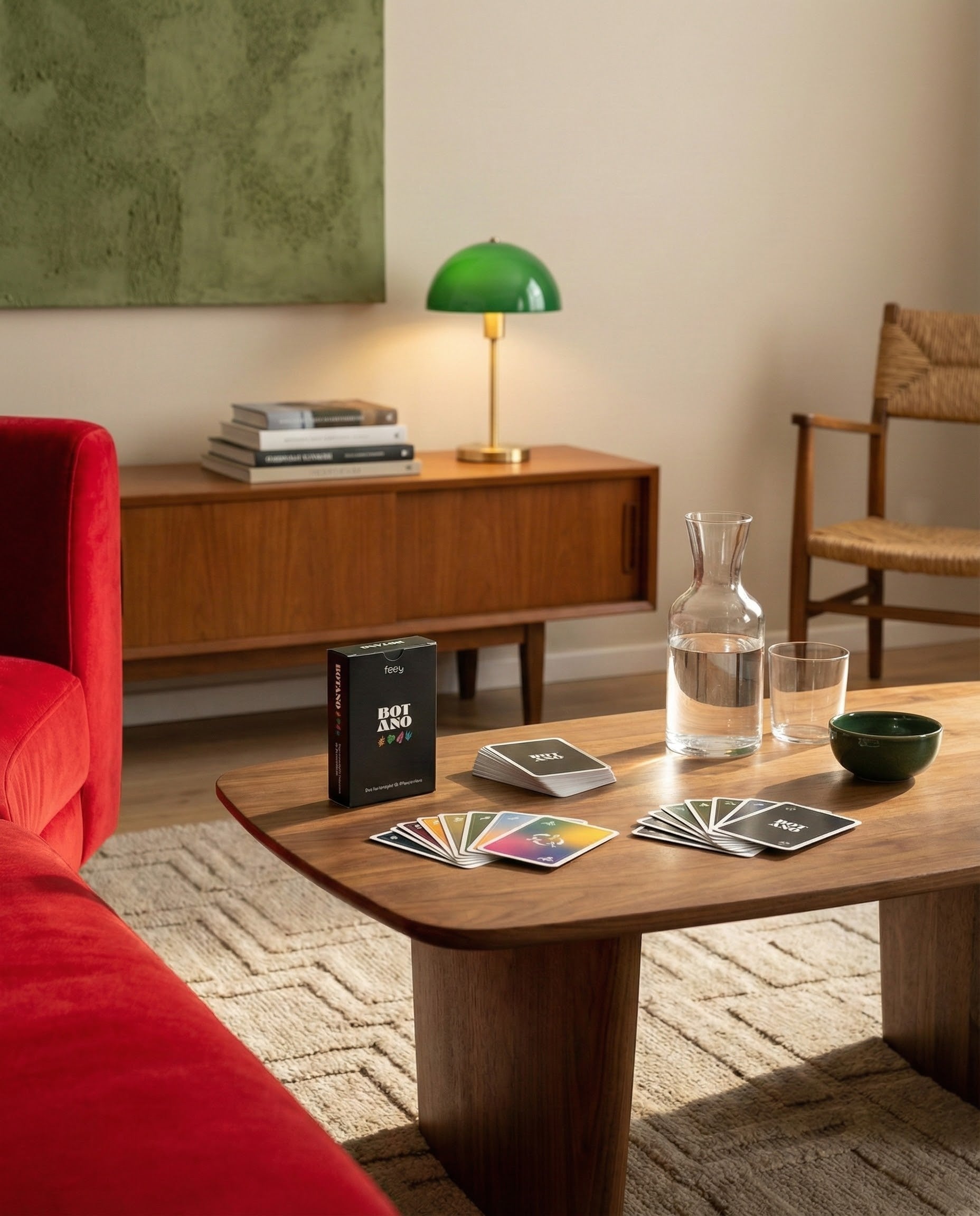 In einem gemütlichen Wohnzimmer steht ein Couchtisch aus Holz mit dem Kartenspiel 'Botano', einer Glaskaraffe, zwei Gläsern und einer grünen Schale. Im Hintergrund stehen ein rotes Sofa, Botano Pflanzenpower-Akzente und eine grüne Schreibtischlampe.