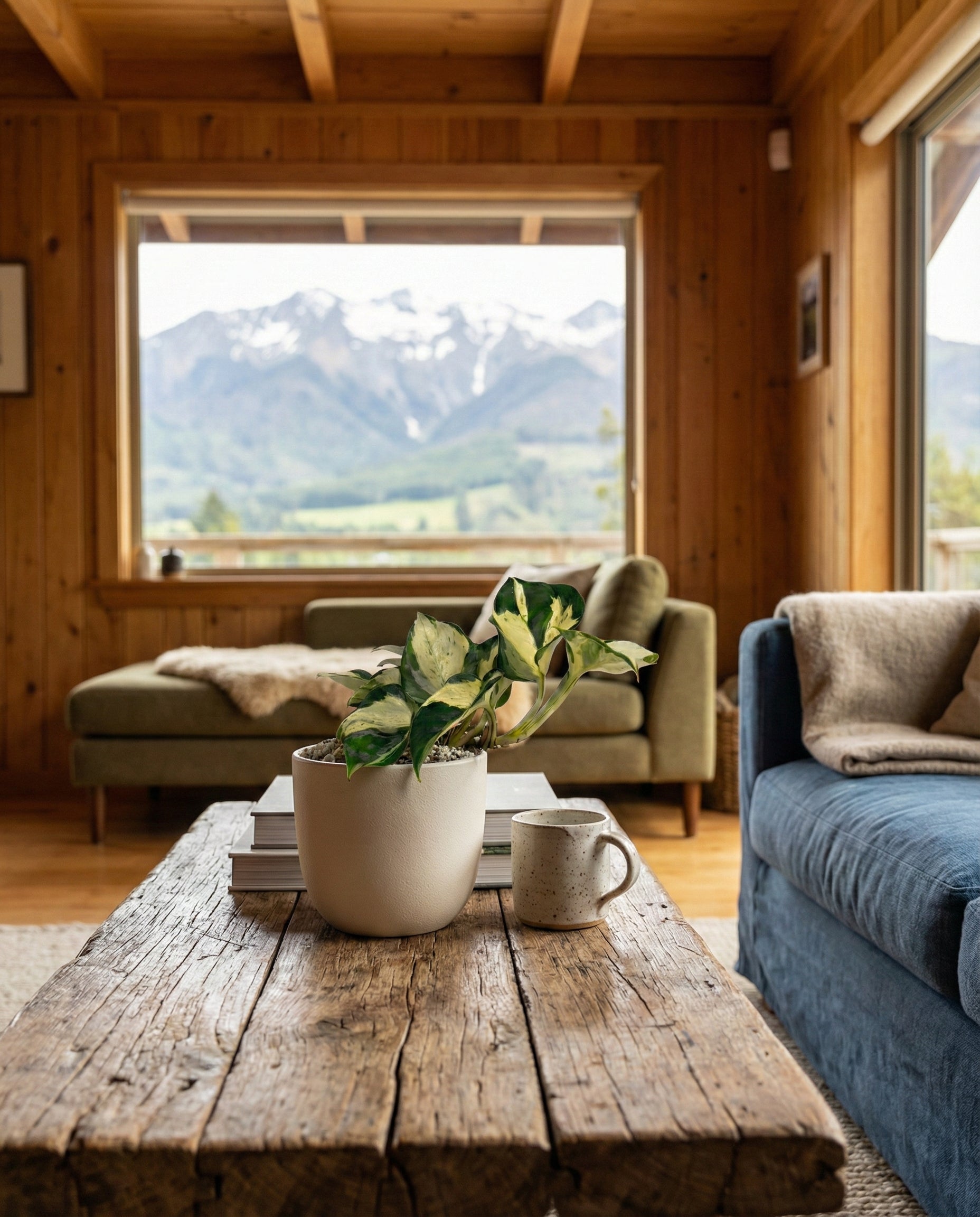 Das gemütliche Holz-Wohnzimmer verfügt über einen rustikalen Couchtisch mit einem Efeutute 'Happy Leaf' - Fee, Büchern und einer Tasse. Große Fenster bieten einen Blick auf die schneebedeckten Berggipfel und die saftig grünen Felder draußen.
