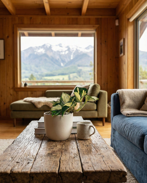 Das gemütliche Holz-Wohnzimmer verfügt über einen rustikalen Couchtisch mit einem Efeutute 'Happy Leaf' - Fee, Büchern und einer Tasse. Große Fenster bieten einen Blick auf die schneebedeckten Berggipfel und die saftig grünen Felder draußen.
