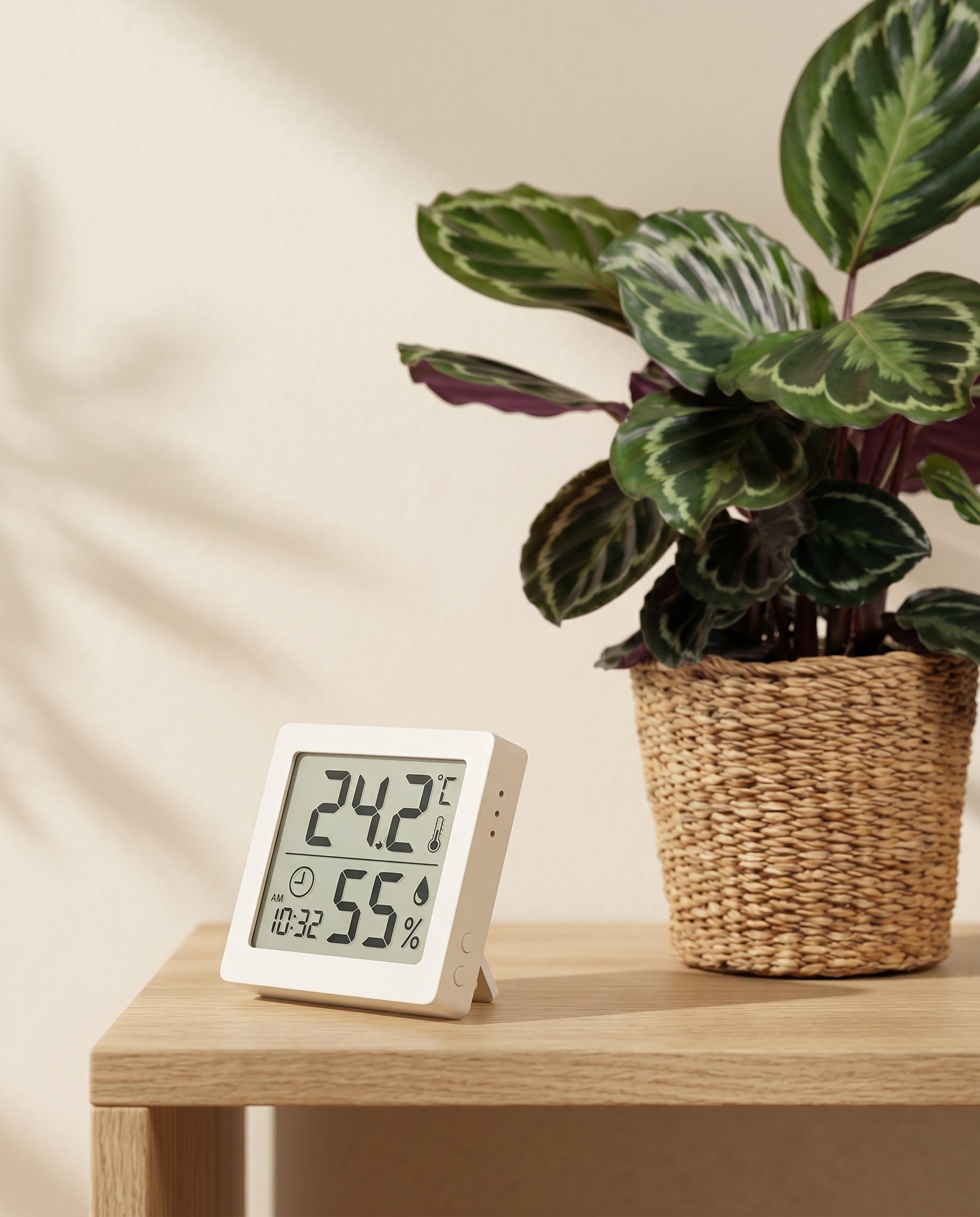 Ein Hygrometer, das 24,2 °C und 55 % Luftfeuchtigkeit anzeigt, steht auf einem Holztisch neben Zimmerpflanzen mit grünen und lilafarbenen Blättern in einem geflochtenen Korb, die alle an einer hellen Wand stehen.
