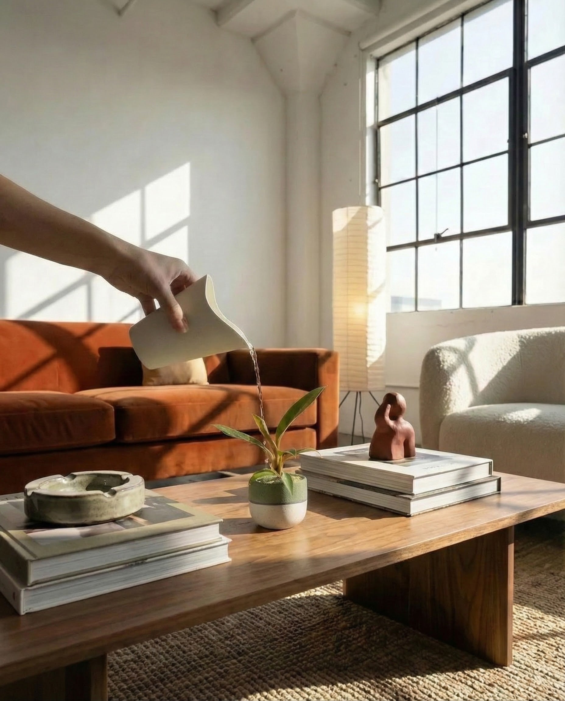 Eine Hand gießt Wasser aus dem Giessbecher für Babypflanzen in einen kleinen Blumentopf auf einem Couchtisch mit Büchern in einem sonnendurchfluteten modernen Wohnzimmer mit rostfarbenem Sofa und großen Fenstern.