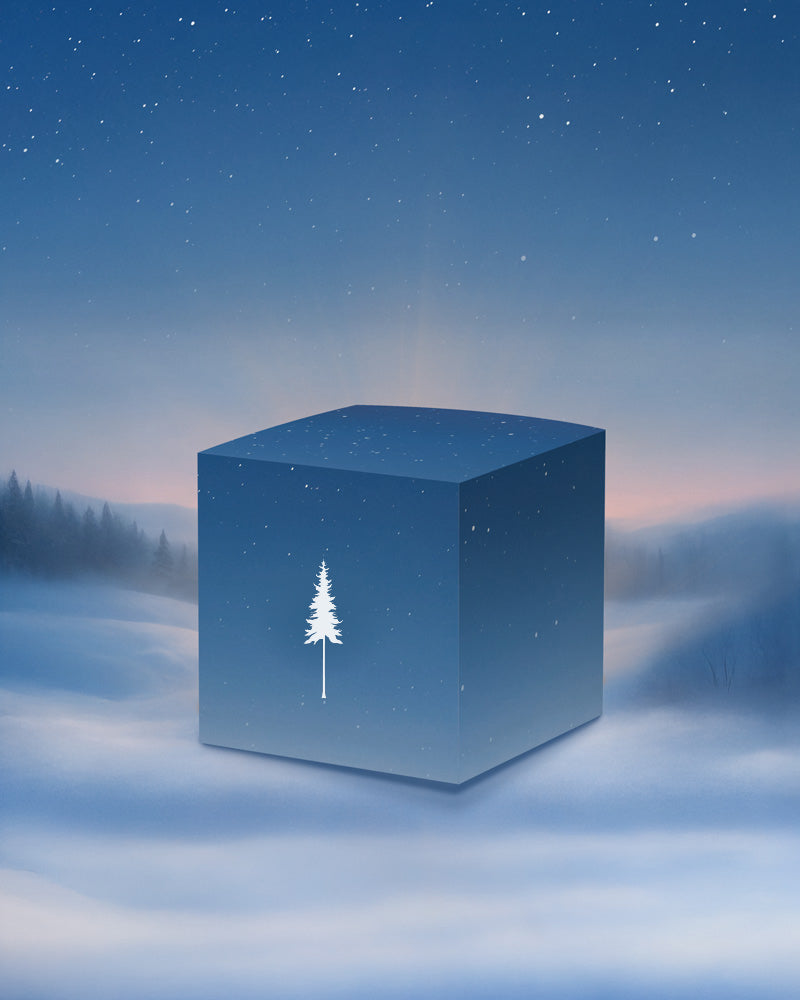 Ein blauer Würfel mit einem weißen Tannenbaumsymbol ruht auf verschneitem Boden unter einem Sternenhimmel und erinnert an den Zauber des Pflanzen Adventskalenders | NIKIN-Special (Dschungel-Version), perfekt für Pflanzenliebhaber.
