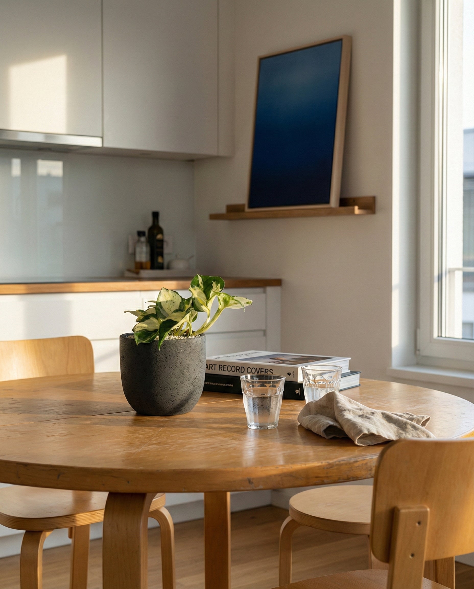 In einem sonnenbeschienenen Essbereich steht ein runder Holztisch mit vier Stühlen und einer üppigen Efeutute 'Happy Leaf' - Fee im Topf. Zwei Gläser, eine beigefarbene Serviette und Bücher stehen unter Küchenschränken und blaue Kunstwerke mit Farbverlauf auf einem schwebenden Regal.