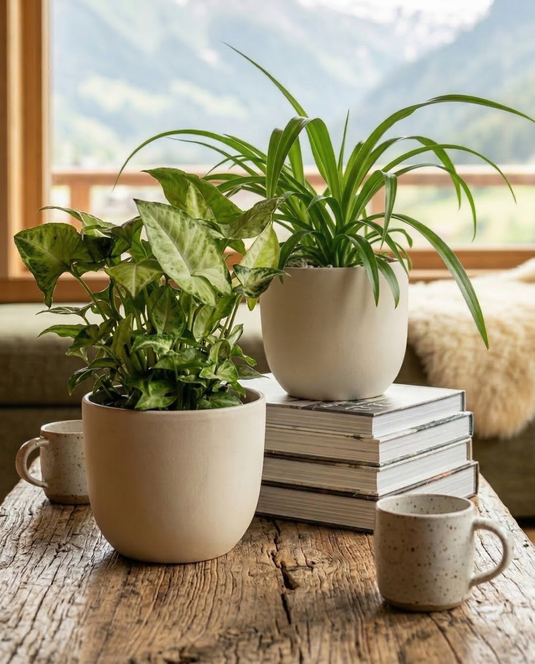 Das Hellgrüne Duo aus der Schweiz steht auf einem rustikalen Holztisch neben gestapelten Büchern und Keramiktassen, während im Hintergrund durch das Fenster eine beeindruckende Bergkulisse sichtbar ist.