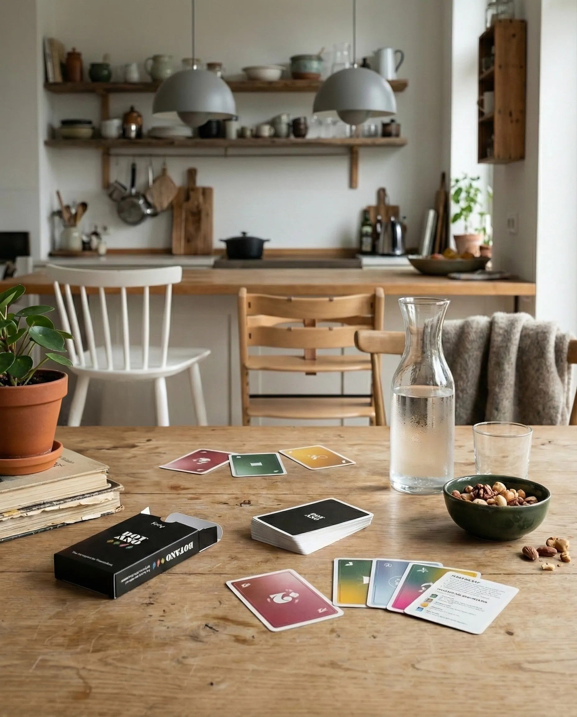 In einer gemütlichen Küche steht ein Holztisch mit dem Kartenspiel 'Botano', einer Wasserkaraffe, einem Glas, gemischten Nüssen, Büchern und einer Topfpflanze. In den sonnenbeschienenen Regalen stehen Küchenutensilien und schaffen ein von grüner Daumen inspiriertes Pflanzenpower-Ambiente.