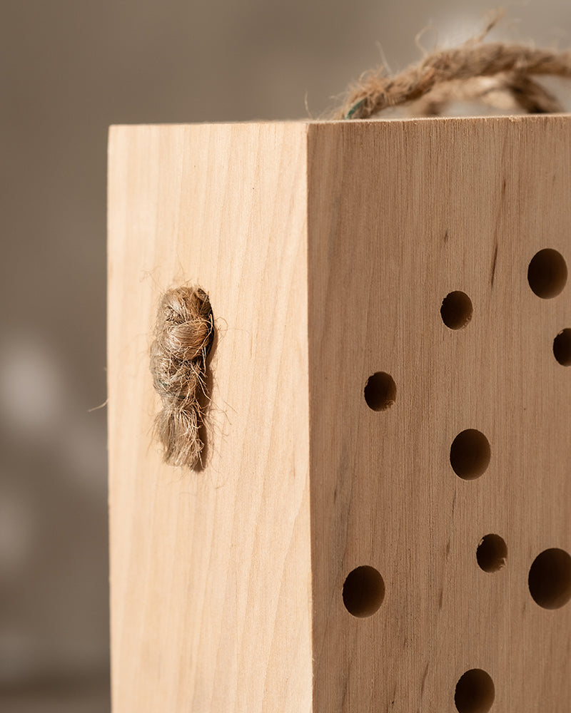 Nahaufnahme eines Holzblocks, der dem Mini-Insektenhotel „Erbienbi“ ähnelt. Auf einer Seite befinden sich kleine runde Löcher, auf der anderen Seite ist ein Stück Seil eingelassen. Der Block zeigt ein helles natürliches Finish vor einem leicht verschwommenen Hintergrund.