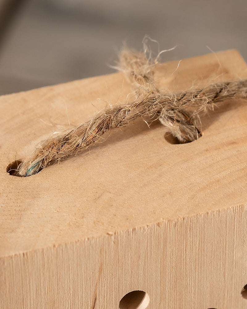 Nahaufnahme eines natürlichen, grob behauenen Holzblocks, der dem Insektenhotel „Erbienbi“ ähnelt. Er weist zwei Löcher auf, durch die ein ausgefranstes, grobes Seil gefädelt ist. Die detaillierte Holzmaserung und die Textur des Seils sind deutlich sichtbar und laden Wildbienen ein, ihr Zuhause zu finden.