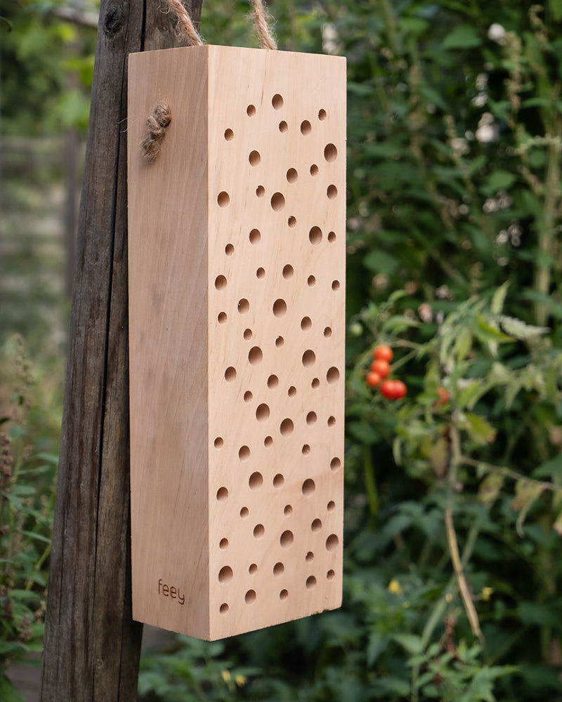 Ein Insektenhotel „Erbienbi“, eine rechteckige Holzkonstruktion mit zahlreichen kleinen Löchern, hängt an einem Holzpfosten. Im Hintergrund sind grüne Blätter und reife rote Tomaten an der Rebe zu sehen, die einen einladenden Lebensraum für Wildbienen schaffen, die sich hier zu Hause fühlen.