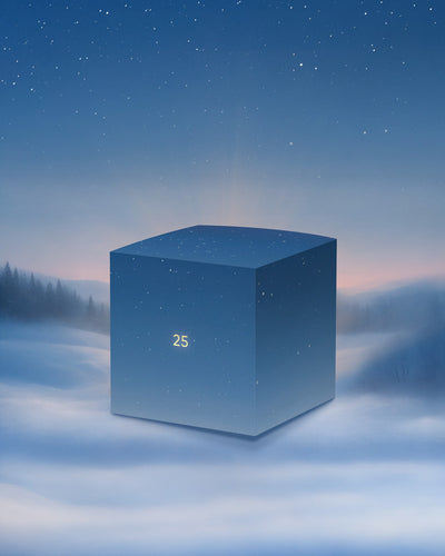 Das Adventskalender-Türchen Nr. 25 (TEST), ein großer blauer Würfel mit der Zahl 25, steht auf verschneitem Boden unter einem Sternenhimmel und erinnert an Weihnachtszauber und das Versprechen eines besonderen Geschenks inmitten sanfter Hügel und entfernter Bäume.
