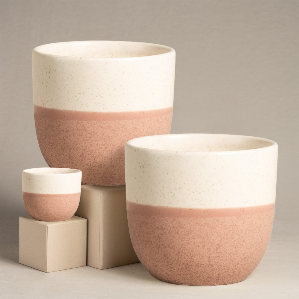 Drei Keramik-Topfsets 'Variado' (2 × 16, 7) werden auf beigen Flächen präsentiert. Zwei größere Töpfe haben eine weiße obere Hälfte mit gesprenkeltem Muster und eine rosa untere Hälfte. Ein kleinerer Topf ist ganz cremefarben. Das Arrangement ist einfach und minimalistisch, perfekt, um Ihre Lieblingszimmerpflanzen in Szene zu setzen.