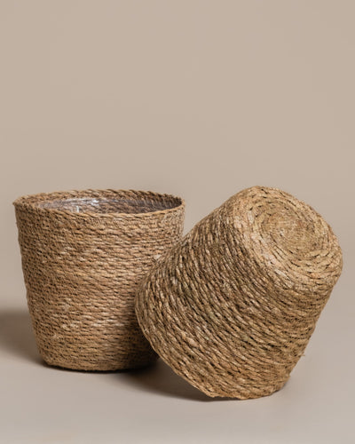 Zwei geflochtene Naturfaser-Pflanzenkörbe aus Seegras (Kesat | 16 cm ⌀) stehen auf einem neutralen Hintergrund - einer aufrecht, einer auf der Seite - und betonen ihre rustikale Textur. Sie eignen sich ideal als stilvolle Pflanzgefäße für Ihr Heimdekor.