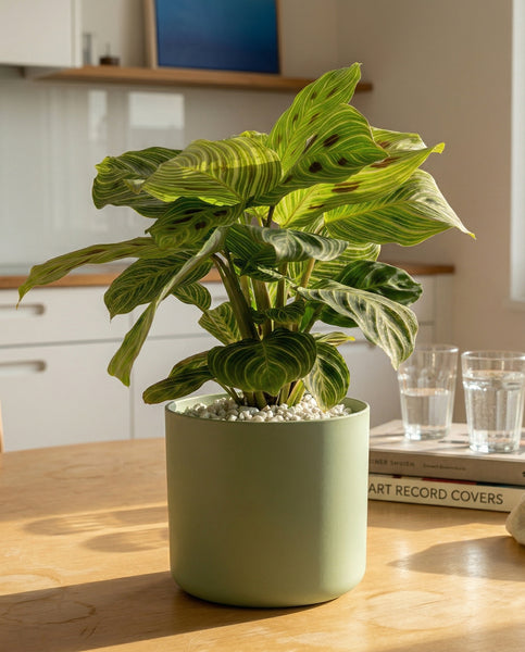 Eine Maranta 'Light Veins' - Fee mit grünen, gestreiften Blättern steht auf einem Holztisch in einer hellen, modernen Küche neben zwei Gläsern Wasser und dem Buch 