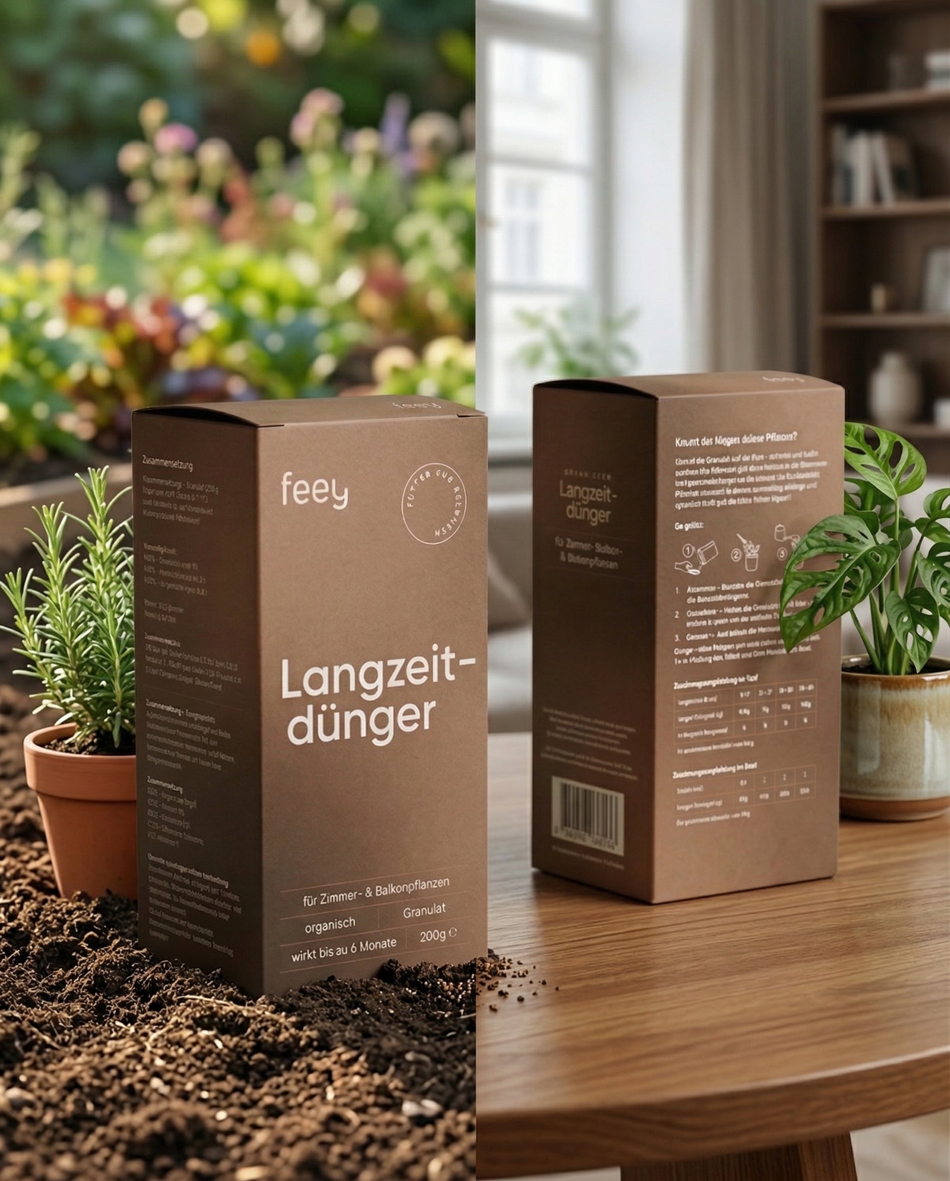 feey Langzeitdünger-Verpackung auf einem Holztisch mit Erde, umgeben von Balkonpflanzen und Zimmerpflanzen im Wohnzimmer