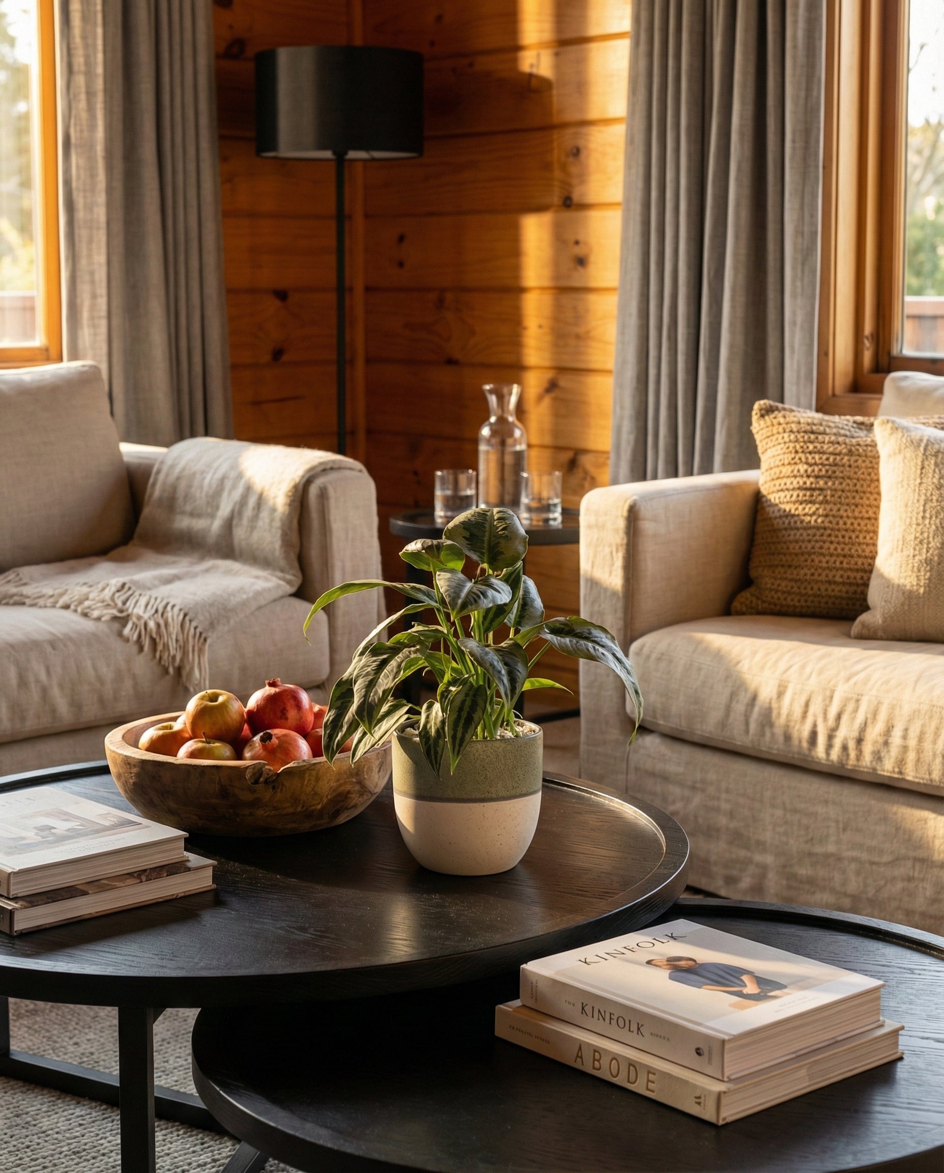 Ein gemütliches Wohnzimmer mit zwei beigen Sofas und einem runden schwarzen Couchtisch, auf dem Schismatoglottis 'Silver Indukan' - feey, eine Schale mit Äpfeln und ein Stapel Bücher stehen. Das Sonnenlicht beleuchtet die holzgetäfelten Wände und die grauen Vorhänge.