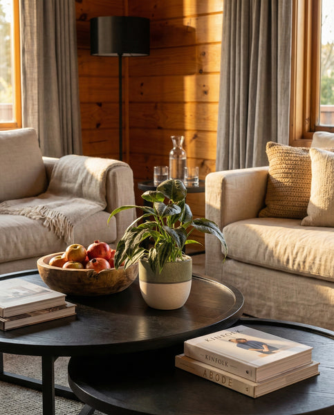 Ein gemütliches Wohnzimmer mit zwei beigen Sofas und einem runden schwarzen Couchtisch, auf dem Schismatoglottis 'Silver Indukan' - feey, eine Schale mit Äpfeln und ein Stapel Bücher stehen. Das Sonnenlicht beleuchtet die holzgetäfelten Wände und die grauen Vorhänge.