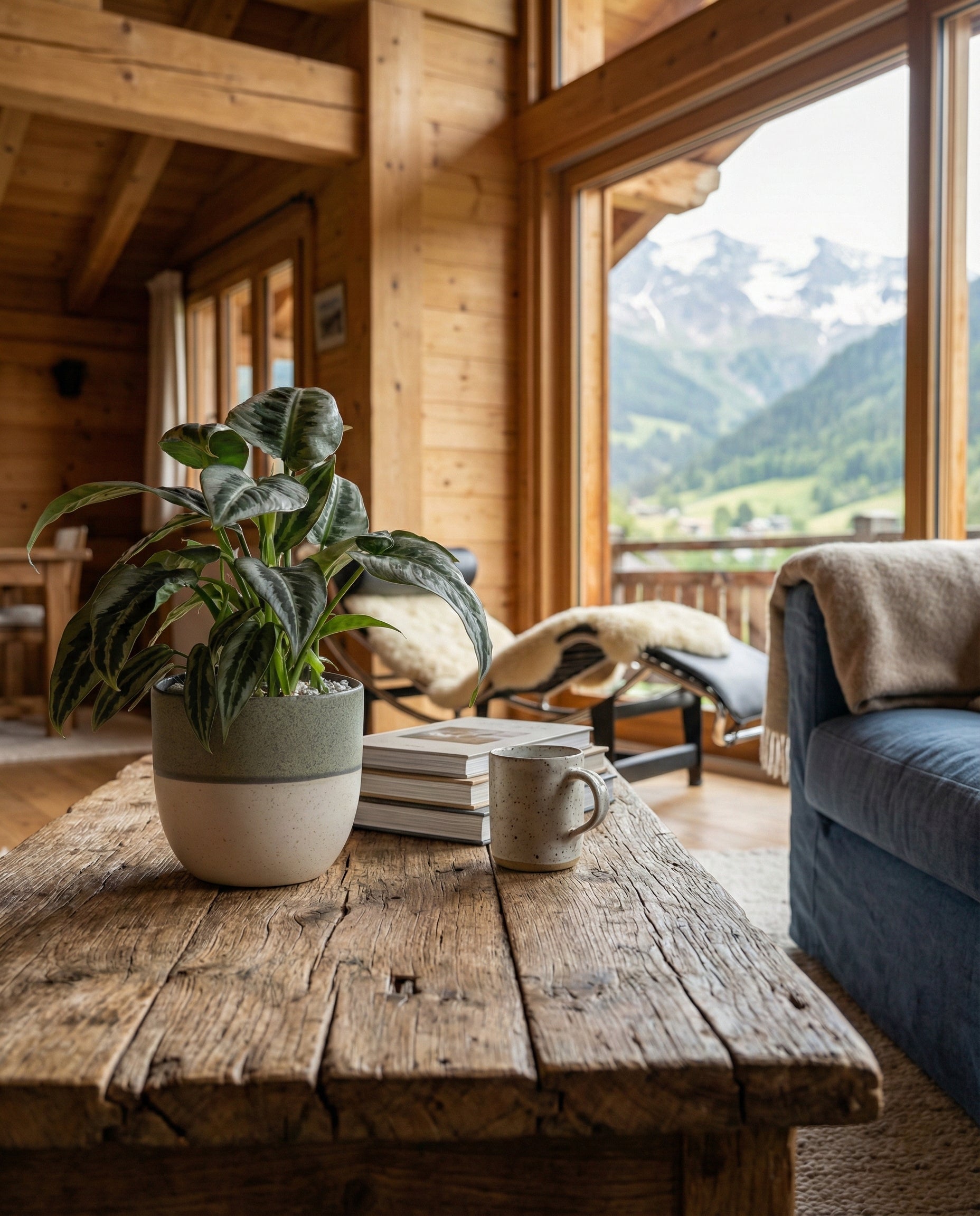 Eine Schismatoglottis 'Silver Indukan' - feey sitzt in einem Topf neben einem Becher auf einem rustikalen Holz-Couchtisch in einem sonnenbeschienenen Wohnzimmer mit Holzwänden und Bergblick, umgeben von Büchern und einem blauen Sofa für den perfekten Zimmerpflanzen-Rückzugsort.