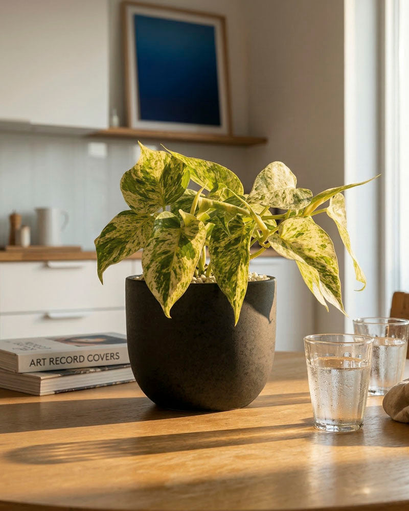 Ein Philodendron 'Oxycardium Variegata' - feey mit samtigen, grün-gelben Blättern steht auf einem Holztisch neben zwei Wassergläsern. Sonnenlicht fällt ein, im Hintergrund sind ein Buch und gerahmte Kunst zu sehen.