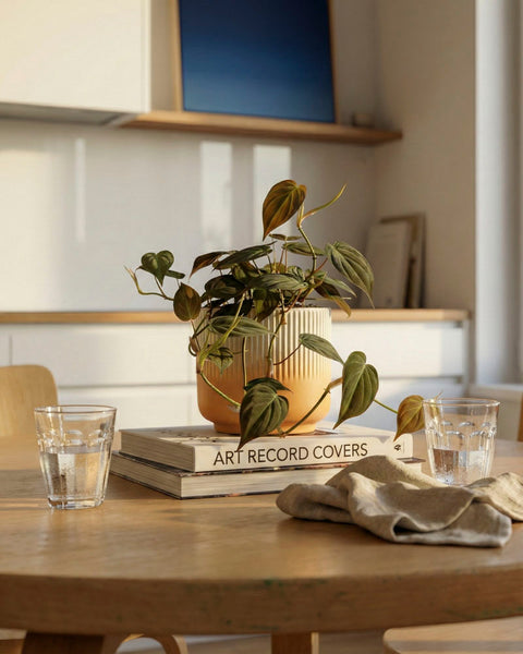 Ein Philodendron micans - feey mit samtigen Blättern sitzt auf gestapelten Büchern wie 