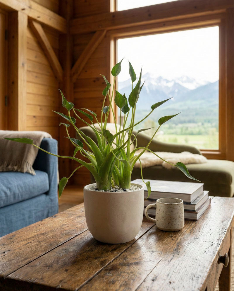 Eine Alocasia 'Tiny Dancer' - feey sitzt auf einem rustikalen hölzernen Couchtisch neben einer Tasse und Büchern in einem gemütlichen Zimmer mit Holzwänden und einem großen Fenster mit Blick auf Berge und üppiges Grün.