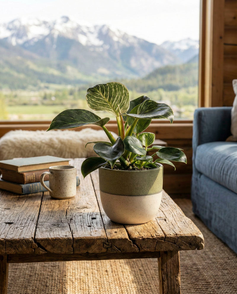 Ein Philodendron 'Birkin' - feey ruht auf einem rustikalen hölzernen Couchtisch neben einer Tasse und Büchern, mit einer gemütlichen Couch und einem großen Fenster, das verschneite Berge und eine grüne Landschaft im Hintergrund zeigt.