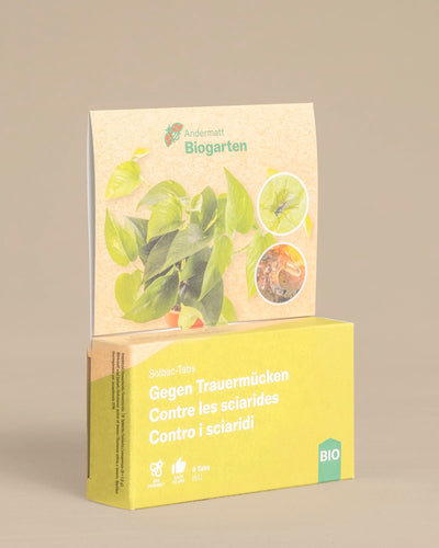 Ein gelb-beiger Kasten mit der Aufschrift "Andermatt Biogarten" und "Mittel gegen kleine schwarze Fliegen" steht aufrecht, mit grünen Blättern und mehrsprachigem Text über biologische Schädlingsbekämpfung und die Bekämpfung von Trauermücken.