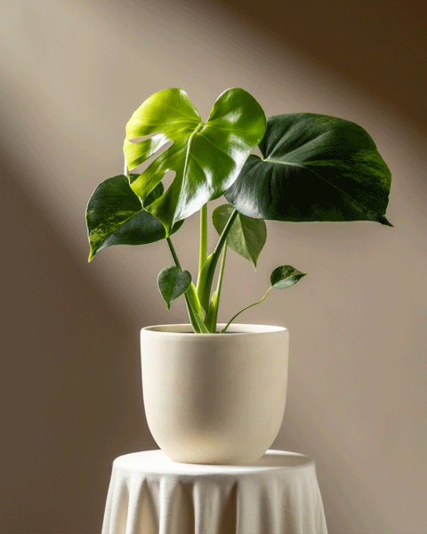 Eine Monstera aurea - Fee mit großen, glänzend grünen Blättern sitzt auf einem weißen, drapierten runden Tisch. Das Sonnenlicht fällt von links ein und wirft weiche Schatten auf den neutralen Hintergrund.