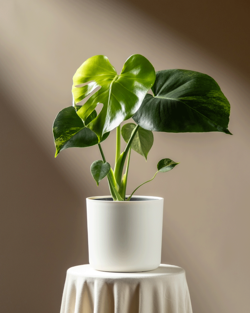 Eine Monstera aurea - Fee mit großen, glänzenden Blättern in einem weißen Topf steht auf einem runden, drapierten Tisch, beleuchtet von sanftem Licht vor einem neutralen braunen Hintergrund.