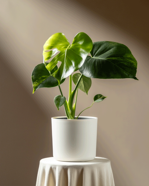 Eine Monstera aurea - Fee mit großen, glänzenden Blättern in einem weißen Topf steht auf einem runden, drapierten Tisch, beleuchtet von sanftem Licht vor einem neutralen braunen Hintergrund.