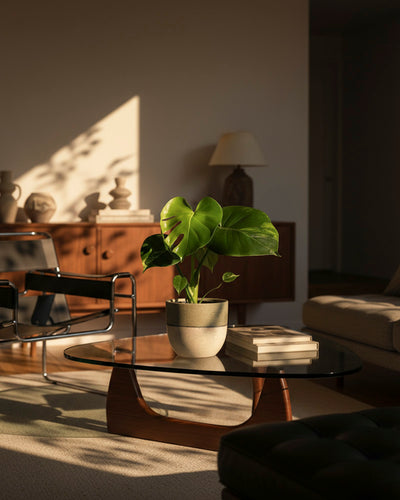 Ein sonnendurchflutetes Wohnzimmer mit einem gläsernen Couchtisch, einer Monstera aurea - feey-Topfpflanze, zwei gestapelten Büchern, einem schwarzen Stuhl und einem hölzernen Sideboard mit Dekoration, das eine warme, gemütliche Atmosphäre schafft.