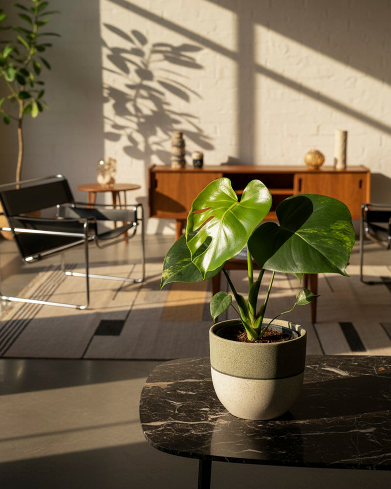 Eine Monstera aurea - feey ruht auf einem schwarzen Marmortisch in einem sonnendurchfluteten, modernen Wohnzimmer mit minimalistischen Möbeln, einem großen Teppich und Wandschatten.