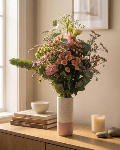 Die Morgenlicht-Vase mit einem handgebundenen Herbstblumenstrauß steht auf einem hölzernen Sideboard zwischen Büchern, einer Schale, Steinen und einer brennenden Kerze und bringt frische Energie in den sanft beleuchteten, gemütlichen Raum.