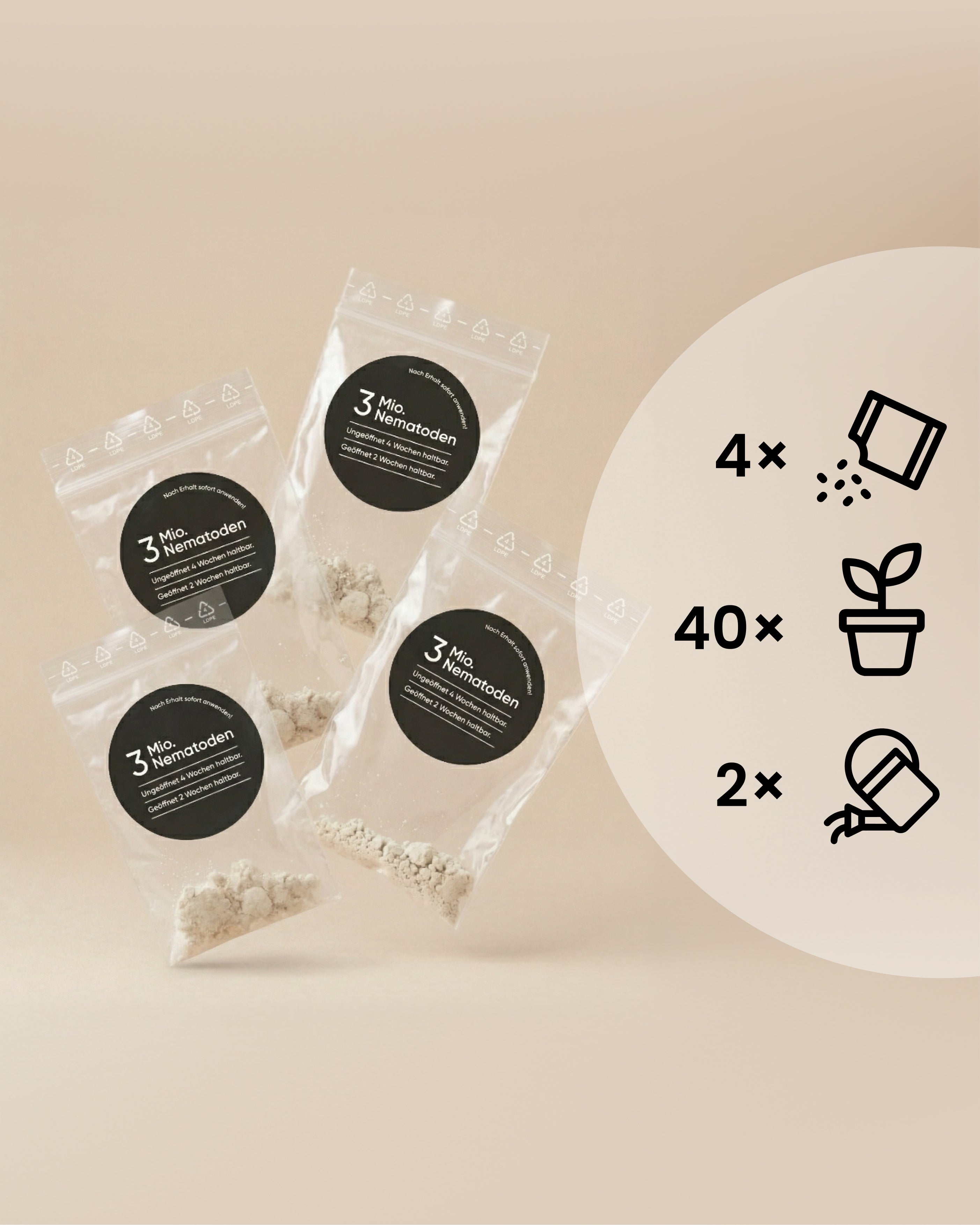 Drei durchsichtige Beutel mit schwarzen Etiketten von Nematoden gegen Trauermücken-Pulver sind auf einem beigen Hintergrund abgebildet. Auf der rechten Seite sind Icons zu sehen: 4 Saatgutpakete, 40 Zimmerpflanzen und 2 Gießkannen - ideal für die Bekämpfung von Trauermücken.