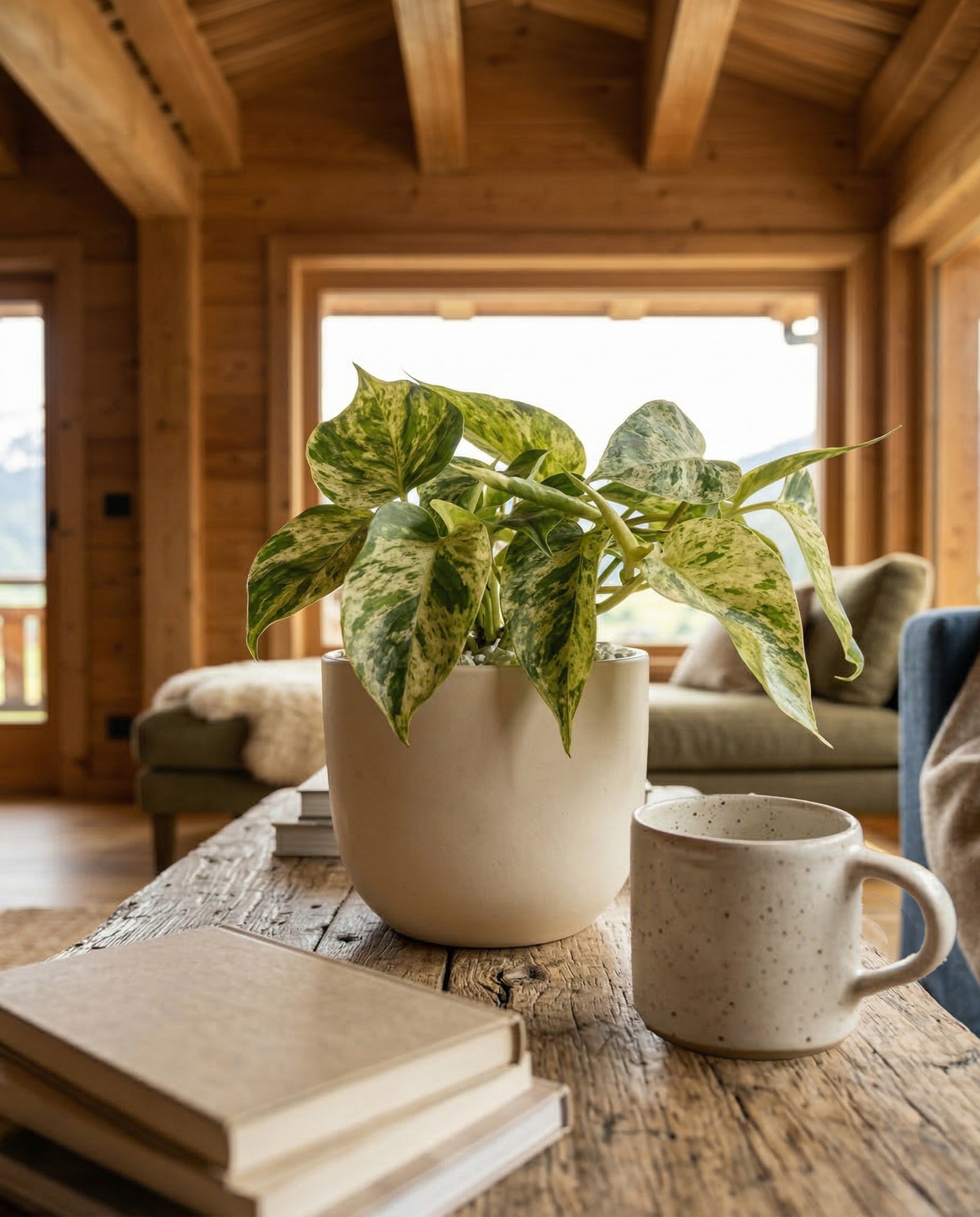 Ein Philodendron 'Oxycardium Variegata' - fey mit bunten Blättern steht auf einem rustikalen Holztisch neben einer Keramiktasse und geschlossenen Büchern, mit einer gemütlichen Couch und Holzwänden im sonnenbeschienenen Raum.