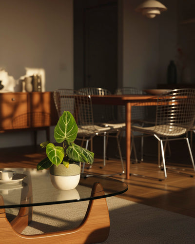 In einem sonnendurchfluteten Wohnzimmer stehen ein gläserner Couchtisch mit einem Philodendron gloriosum - feey und samtige Blätter, Esszimmerstühle aus Draht um einen Holztisch und ein hölzernes Sideboard im Hintergrund. Das warme natürliche Licht wirft überall weiche Schatten.