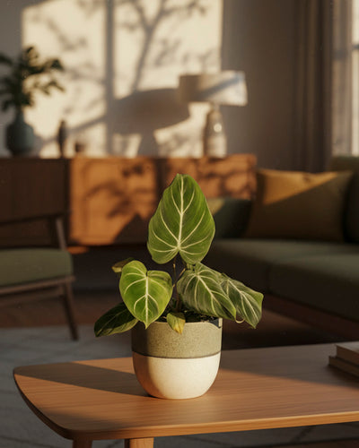 Auf einem hölzernen Couchtisch in einem sonnenbeschienenen St. Galler Wohnzimmer sitzt ein Philodendron gloriosum - feey mit großen, samtigen Blättern, die weiche Schatten werfen und den Raum in warmes Licht tauchen.