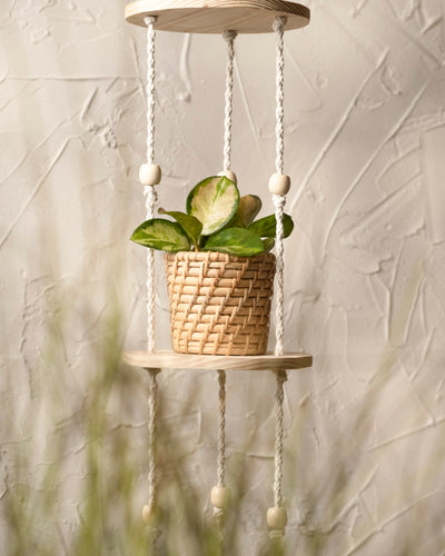 Der Rattan-Babypflanzen-Korb 'Calen' (3 Stk.) hält eine kleine grüne Pflanze und ruht auf einem Hängeregal aus Holz mit weißen Seilen und Perlen vor einer strukturierten hellen Wand. Im Vordergrund sind verschwommene Blätter zu sehen.