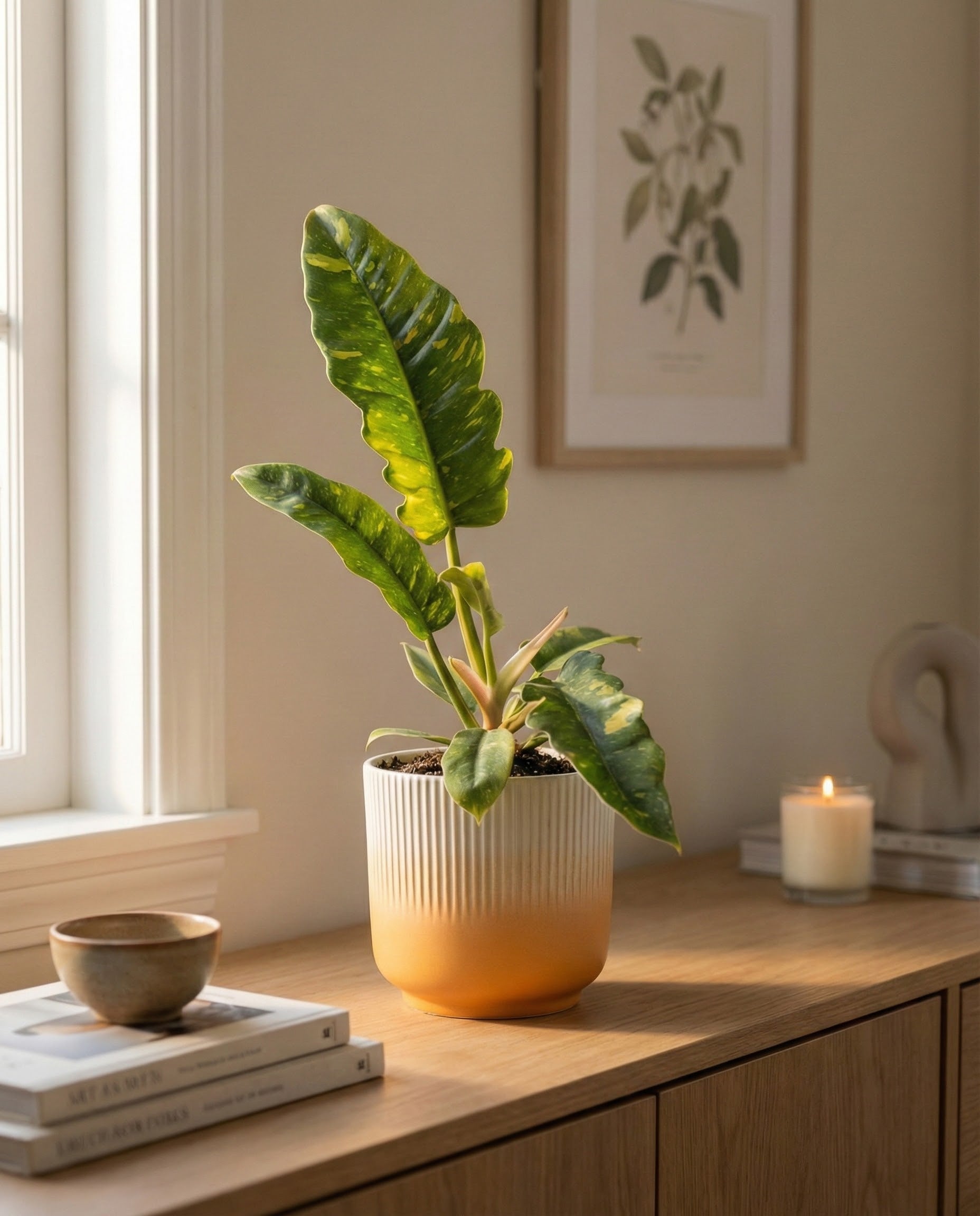Eine Zimmerpflanze mit großen grünen Blättern steht im fey Keramik-Topf (Rilio | 14 cm ø) auf einem hölzernen Sideboard am Fenster. Daneben: gestapelte Bücher, eine Keramikschale, brennende Kerze und botanische Farbverlauf-Kunst an der Wand.