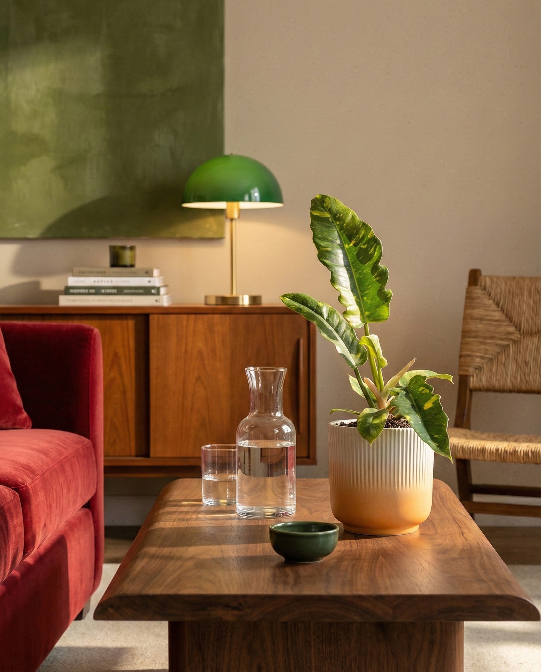 Ein modernes Wohnzimmer mit einem Couchtisch aus Holz, auf dem ein Keramik-Topf (Rilio | 14 cm ø) mit einer Pflanze, einer Glaskaraffe und zwei Gläsern steht. Im Hintergrund: rotes Sofa, Holzanrichte, grüne Lampe, Bücher und geflochtener Stuhl.