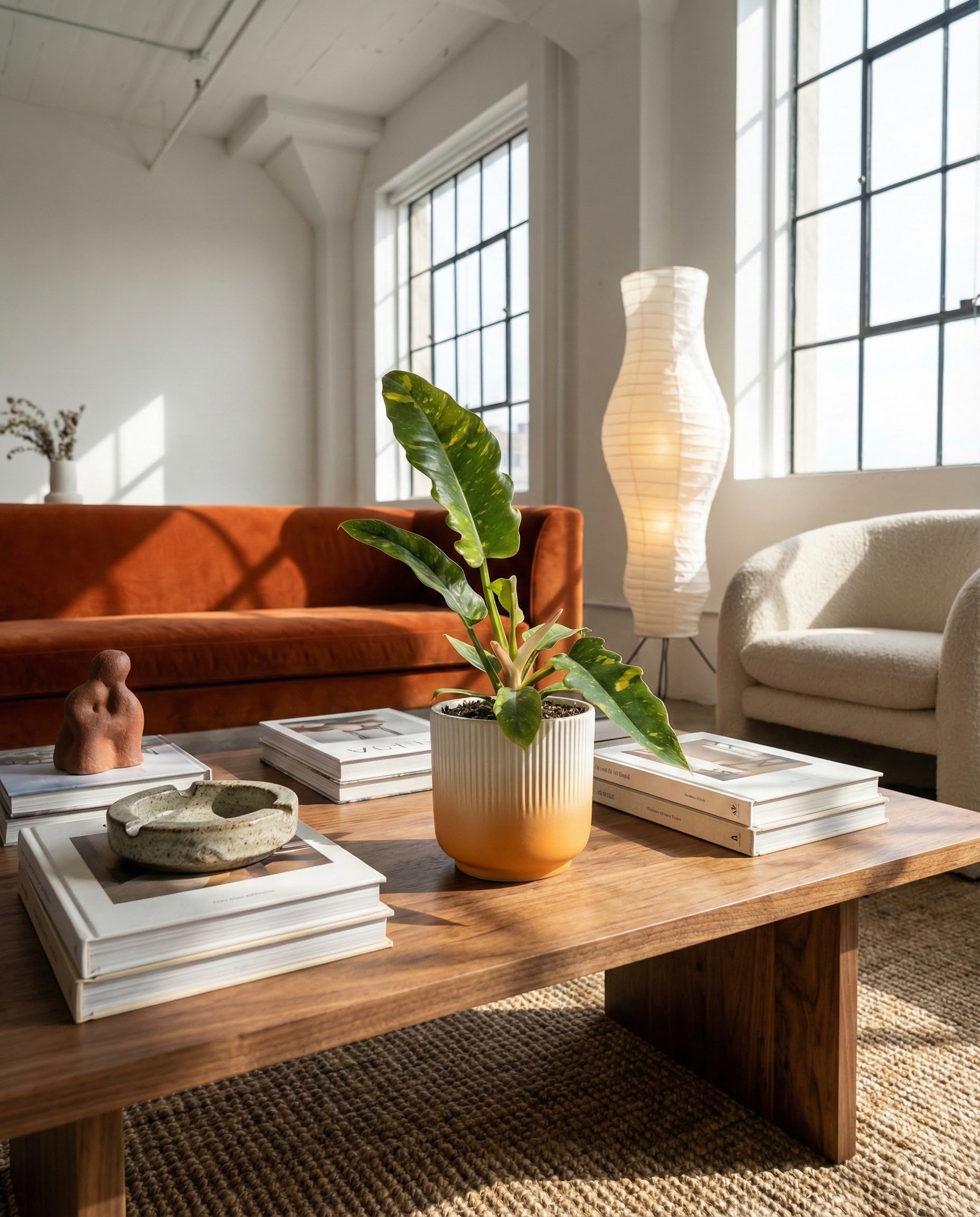 Im sonnendurchfluteten Wohnzimmer stehen ein rostfarbenes Sofa, ein cremefarbener Sessel, ein hölzerner Couchtisch mit Büchern und eine Zimmerpflanze in einem feuchten Keramik-Topf (Rilio | 14 cm ø). Große Fenster lassen natürliches Licht herein, und in der Ecke steht eine hohe Stehlampe.