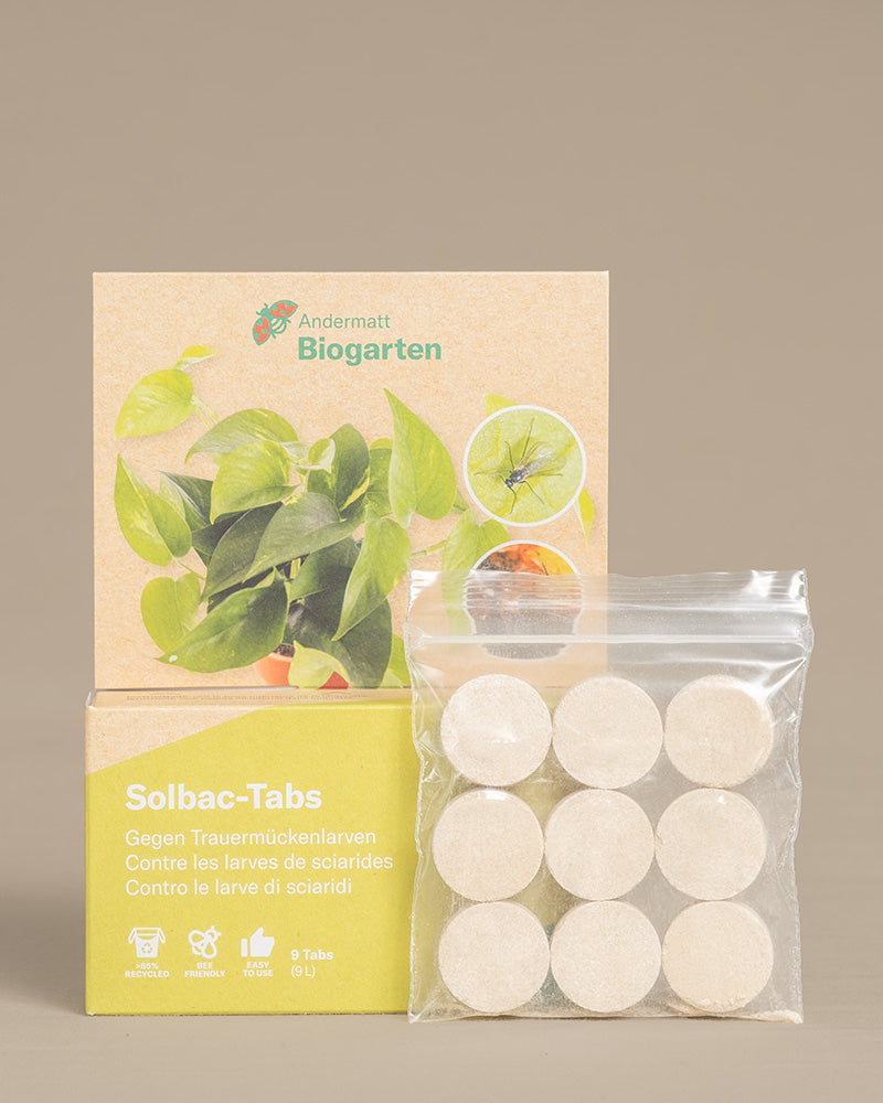 Verpackung mit Solbac-Tabs gegen Trauermücken inkl. Ansicht der Tabs im Plastikbeutel
