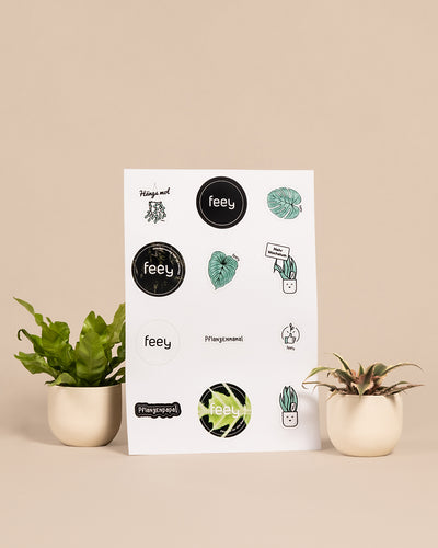 Ein Schaubogen mit Stickern der Marke „feey Stickerbogen“ mit Pflanzenmotiven. Der Bogen, der die Qualität betont, ist zwischen zwei Topfpflanzen aufgehängt – eine mit grünem Blattwerk und die andere eine Sukkulente. Der Hintergrund ist beige.