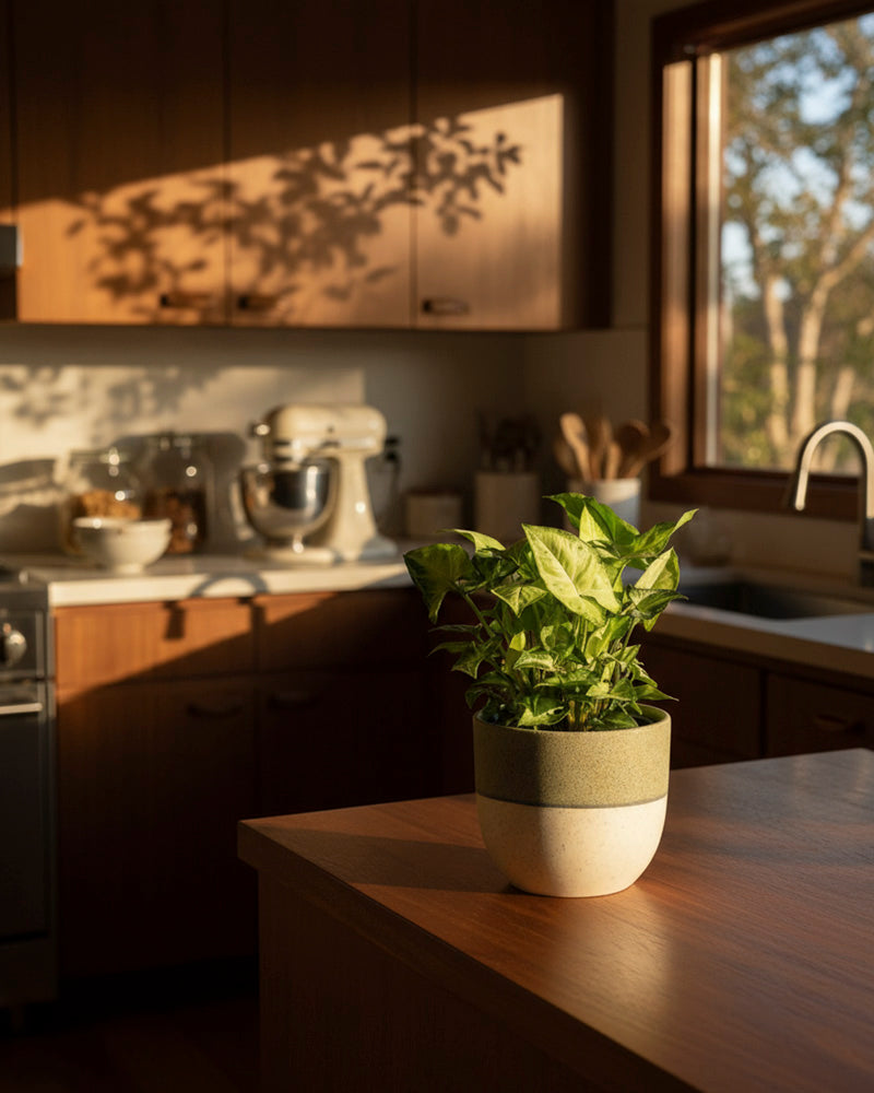 Eine kleine Syngonium 'Pixie' - Fee sitzt auf einer hölzernen Küchentheke im warmen Sonnenlicht eines nahe gelegenen Fensters, wobei die Blätter Schatten auf die Holzschränke werfen und eine gemütliche, einladende Atmosphäre schaffen.