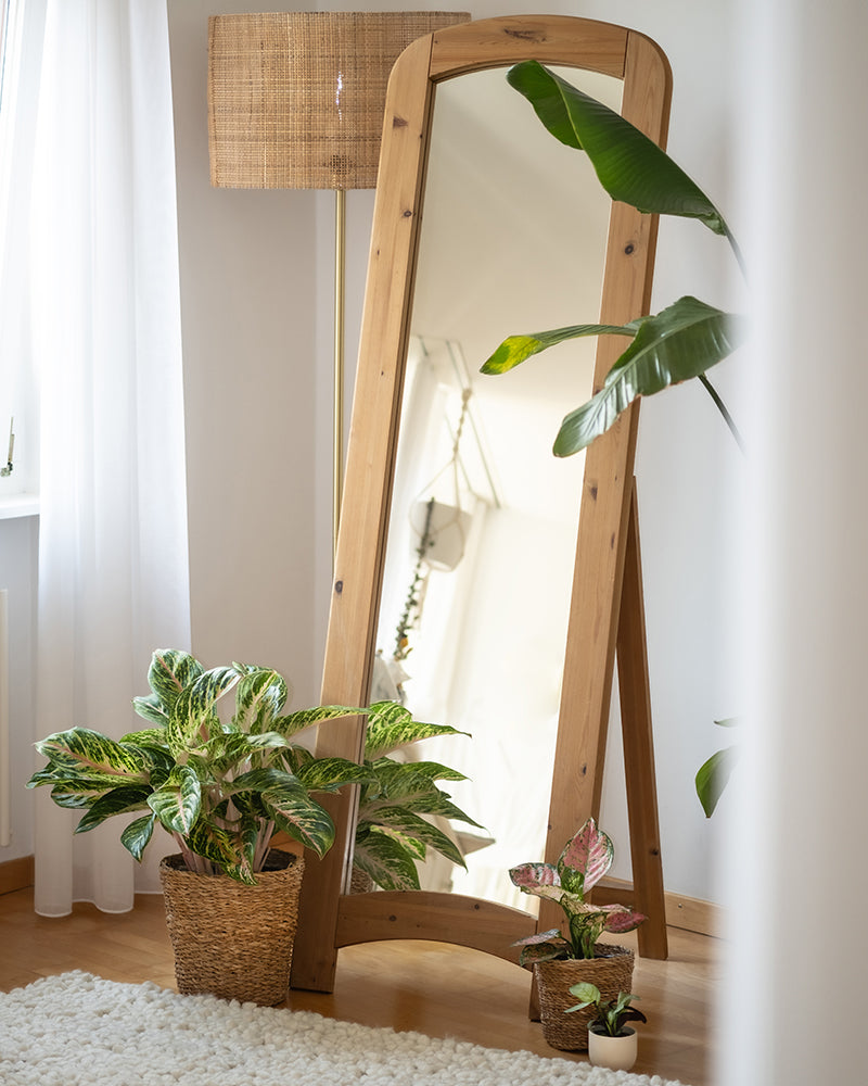 Eine gemütliche Innenecke mit einem großen Spiegel mit Holzrahmen, einer geflochtenen Stehlampe und mehreren Topfpflanzen in verschiedenen Größen aus dem Tropical Beauty Set. Das Licht aus einem nahe gelegenen Fenster erhellt den Bereich sanft, verstärkt das Feriengefühl und lädt zu warmen, erholsamen Stunden ein.