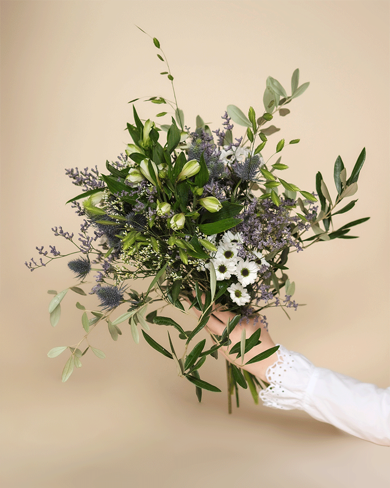 Eine Hand in einem weißen Ärmel hält den Nebelmeerstrauß aus grünen Blättern, zarten Blüten, weißen Gänseblümchen und winzigen Knospen - frisch wie Morgentau vor einem beigen Hintergrund.