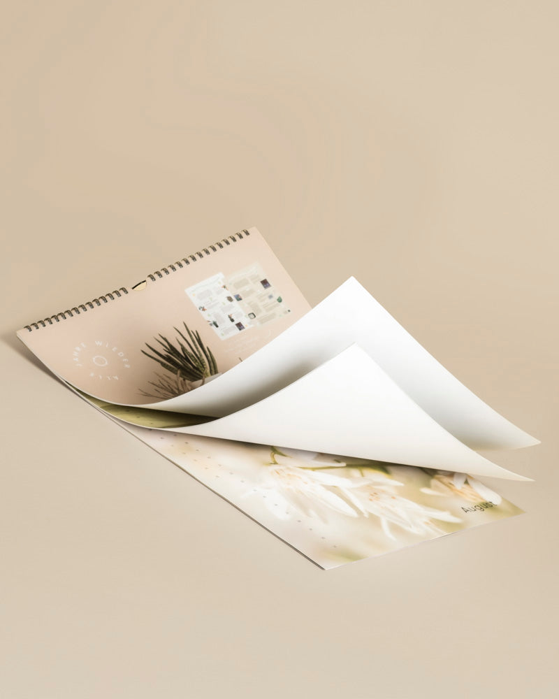 Ein spiralgebundener Pflanzenkalender liegt aufgeschlagen auf einer beigen Oberfläche und zeigt Seiten mit Pflanzen- und weißen Blumenbildern in sanften, neutralen Tönen - ideal für Zimmerpflanzenliebhaber.